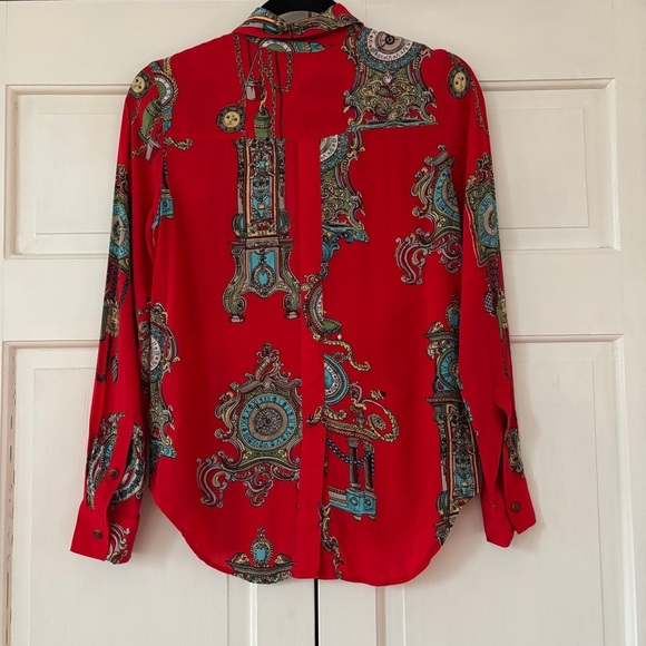 Anthropologie Maeve Size 2 Red Whimsy Printed Clock Sun Button Down Shirt Blouse - Picture 14 of 17